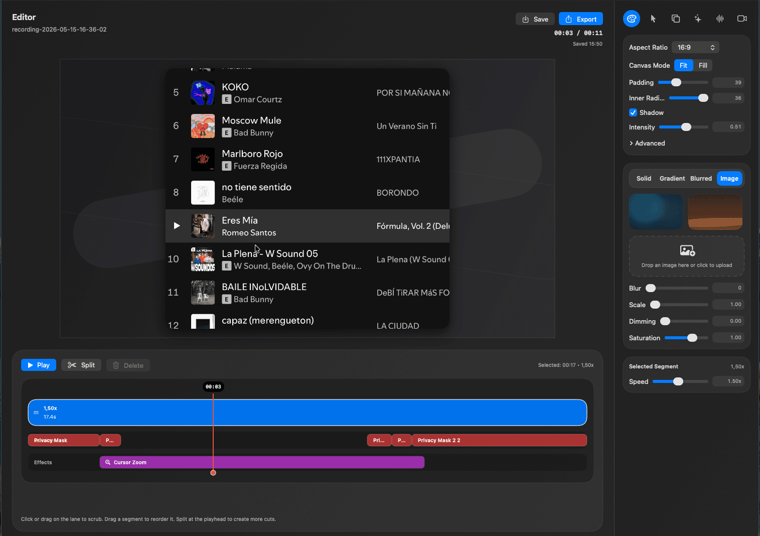 RecKit editor with timeline, canvas controls, and export actions