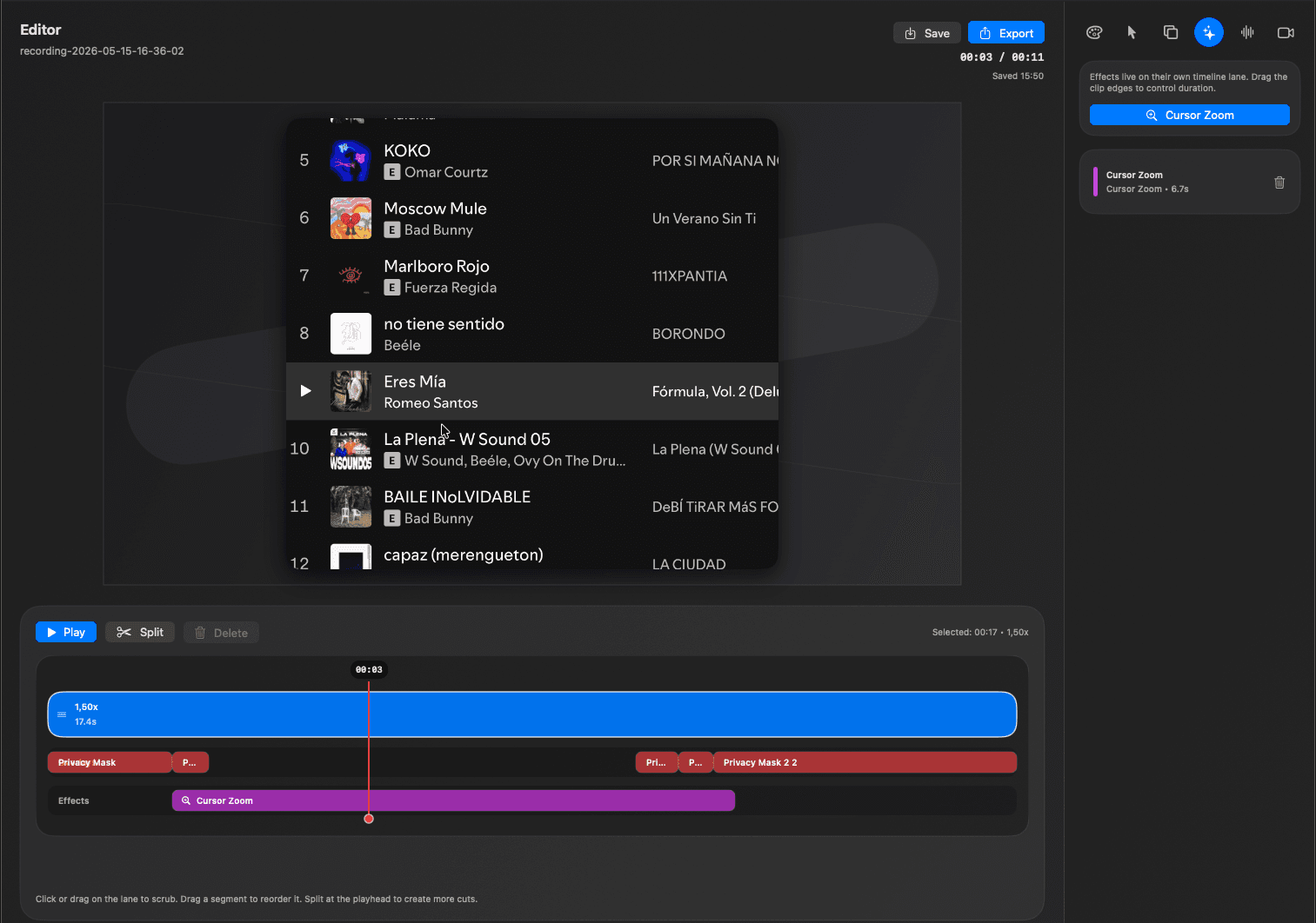 RecKit effects timeline with cursor zoom and privacy mask